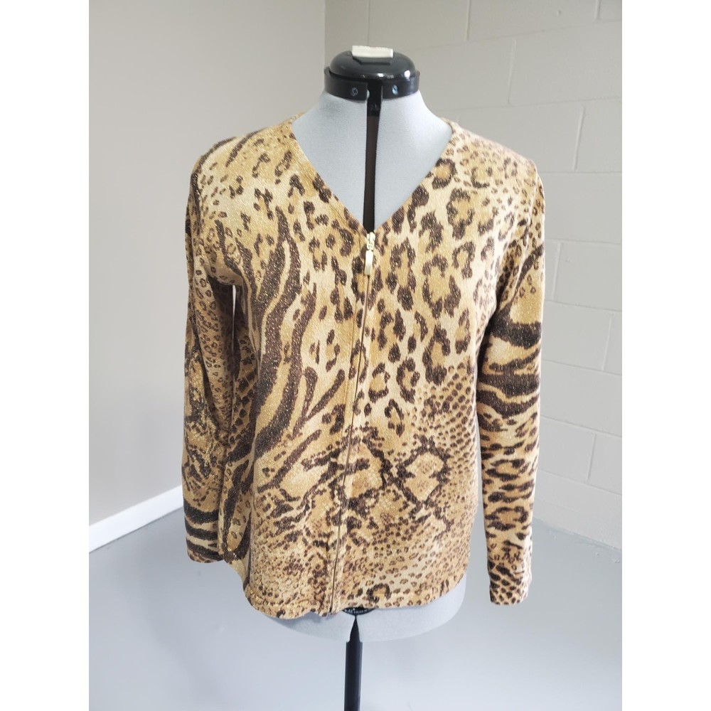 Allison Daley womens S metallic thread, full zip gold long sleeve tiger print